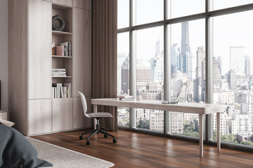 Modern home office with city view, wooden floor, desk, and bookshelf in stylish interior design concept. 3D Rendering