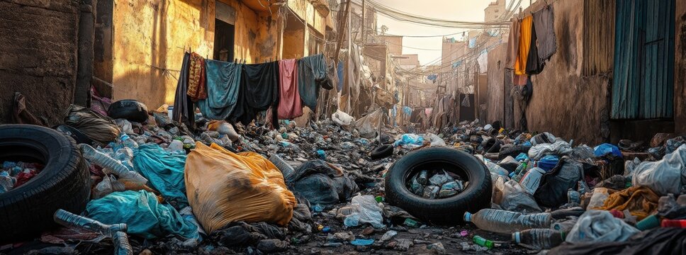 Overwhelming piles of trash and debris fill a narrow alleyway in a developing country, highlighting the challenges of waste management and environmental issues in impoverished urban areas.