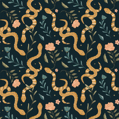 snake  plant and flowers seamless pattern illustration