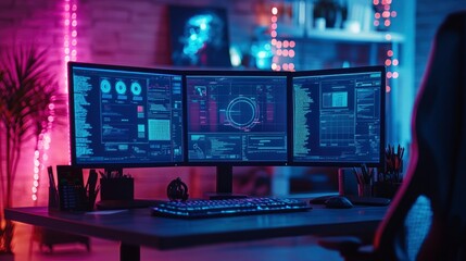 Obraz premium A modern workspace featuring multiple monitors displaying data and coding.