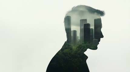 A Thoughtful Businessman Profile Silhouette Merging with Urban Skyline and Lush Greenery, Symbolizing Progress and Innovation in Modern Cityscapes