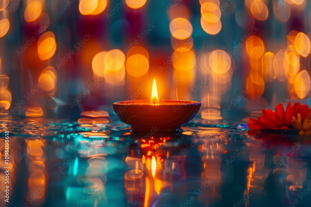 Poster modern diya with abstract bokeh background