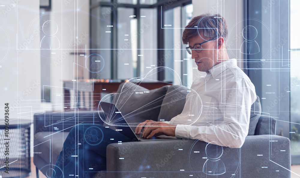 Aufkleber man working on laptop with digital cloud icons and data overlays