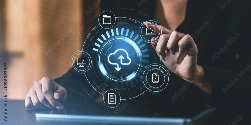 Poster businessperson interacting with a digital cloud interface that displays various file and storage ico