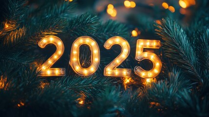 Glowing numbers 2025 framed by pine branches and festive lights