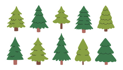 Simple Christmas tree set. Set of spruce pine icon on white. Holiday flat illustration for card, sticker, wrapping paper