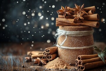  Cinnamon sticks, ground cinnamon and spices on a wooden table. Generative AI