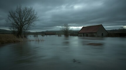A weathered barn sits alone in a flooded field, shrouded in a moody, overcast sky.