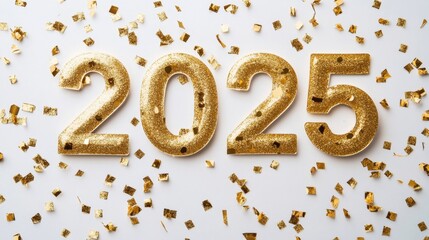 Flat lay design with gold confetti and 2025 in bold numbers