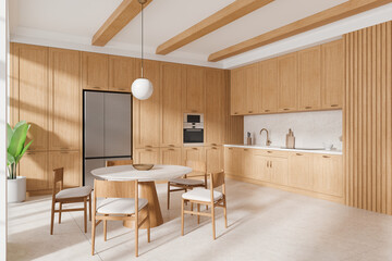 Modern wooden kitchen interior with round dining table and chairs, oak cabinets, and ceiling beams in a bright space. 3D Rendering