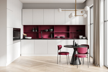 Modern kitchen interior with white cabinets, red accents, and a dining area with chairs and table. 3D Rendering