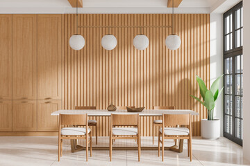 Modern dining room interior with wooden furniture, slatted wall design, and elegant lighting in a bright apartment. 3D Rendering