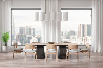 Modern dining room with wooden furniture and large windows showcasing cityscape background. 3D Rendering