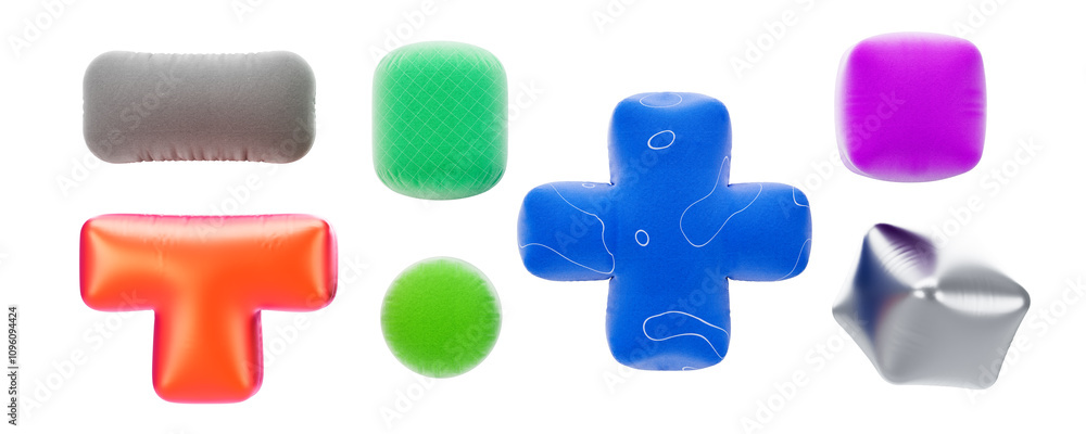 Poster colorful balloon-like objects in different shapes, including cubes, crosses, and spheres, arranged o