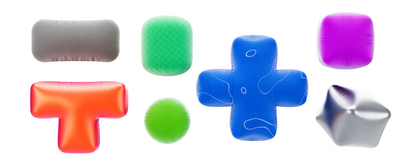 Colorful balloon-like objects in different shapes, including cubes, crosses, and spheres, arranged...