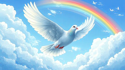 White Dove Soaring Through A Heavenly Rainbow Sky
