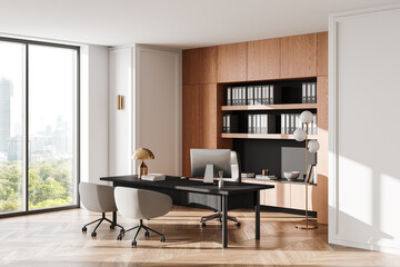Modern executive office with large wooden table and chairs, bookshelves, and panoramic city view from large windows. . 3D Rendering
