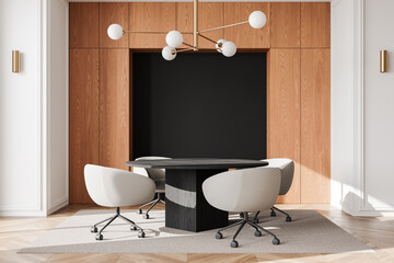 Obraz premium Minimalist modern conference room with light chairs, round table, and chandelier in a wooden accent wall setting. 3D Rendering. 3D Rendering