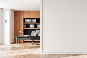 Modern office interior with blank white wall and wooden storage shelves, ideal for mockup presentations or design templates. 3D Rendering