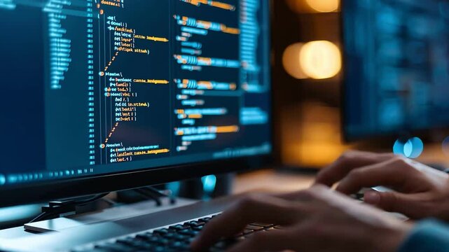 Focused developer coding on laptop with glowing screen, showcasing programming and technology in a modern workspace.
