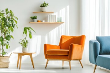 Sunlit corner of modern living room with mid-century furniture