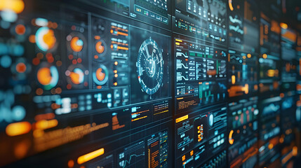 Abstract 3D Digital Data Wall Displays Futuristic Information Graphics with Orange and Blue Hues, Technological Background Image