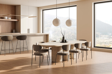 Modern kitchen and dining room with minimalist decor and large windows in a neutral color palette. 3D Rendering