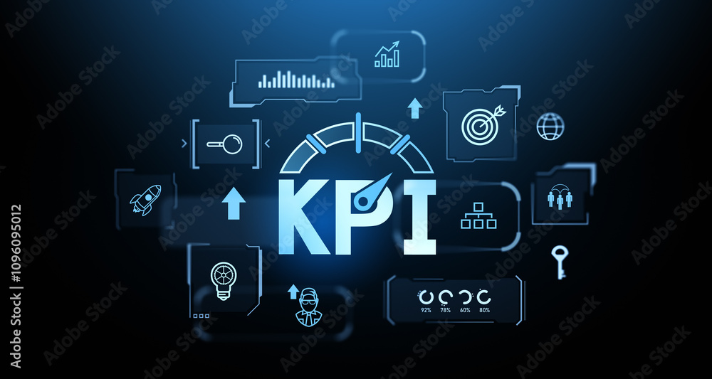 Poster kpi dashboard with performance indicators and analytics symbols on dark background. 3d rendering