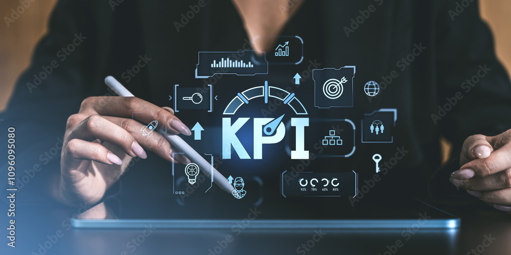 Poster close-up of hands holding a stylus with kpi graphics on a digital screen, illustrating business perf