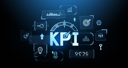 KPI dashboard with performance indicators and analytics symbols on dark background. 3D Rendering
