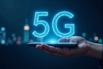 A person holds a cell phone with 5g displayed on it