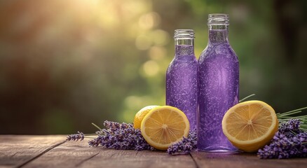 Refreshing lavender lemonade served in bottles with fresh lemons and lavender sprigs outdoors