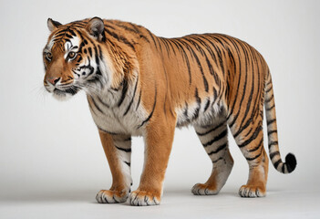 Obraz premium standard Tiger right side view. Full figure visible, flat white background, no shadows, head and legs visible, ultra detailed, photorealistic 400mm lens, low angle 
