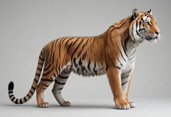 Obraz premium standard Tiger right side view. Full figure visible, flat white background, no shadows, head and legs visible, ultra detailed, photorealistic 400mm lens, low angle 