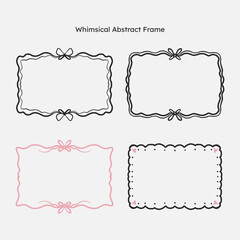 whimsical border frame set. hand drawn scribble line, ribbon bow frame for invitation, valentine or christmas design.