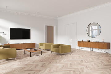 Modern living room with minimalistic furniture and parquet flooring in a contemporary apartment. 3D Rendering