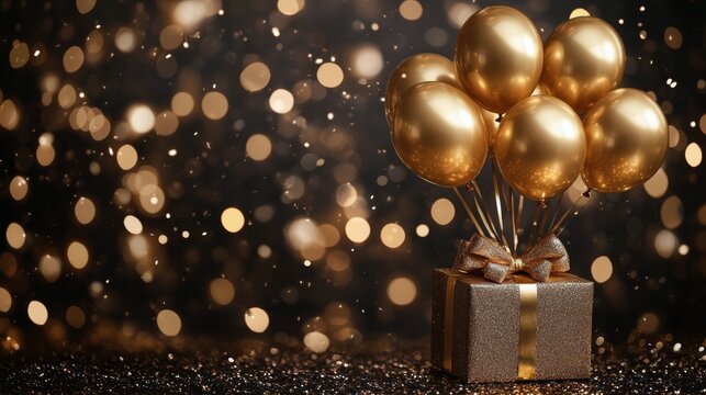 Elegant gift box adorned with golden balloons against a sparkling background for a festive occasion