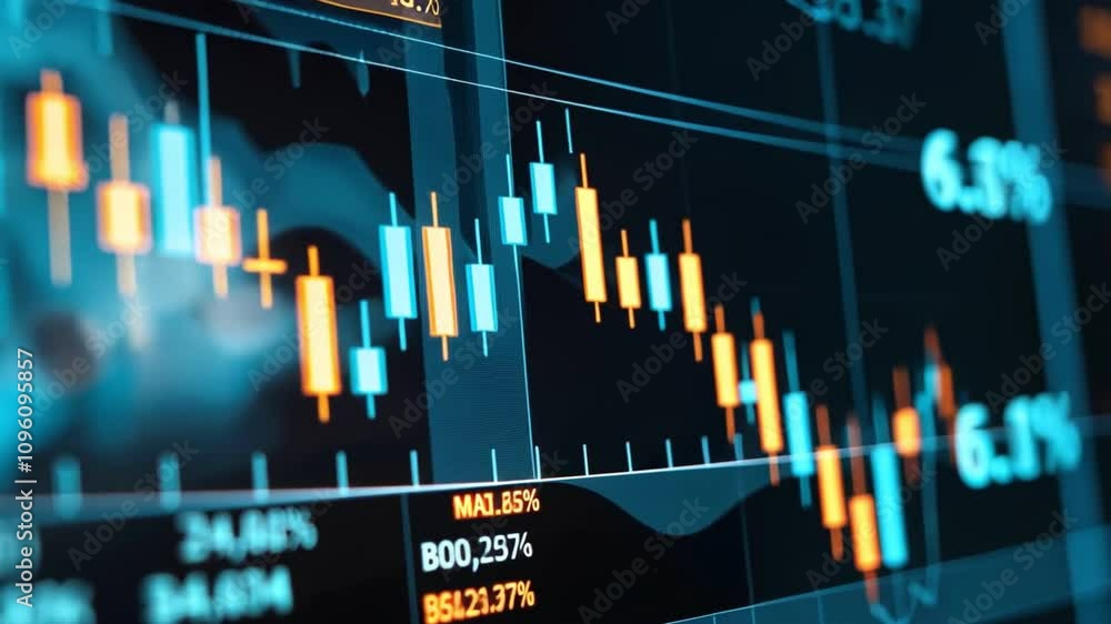 Poster dynamic stock market graph showcasing trading data with vibrant colors and patterns, ideal for finan