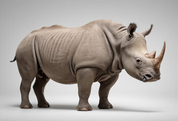 Fototapeta premium standard Rhinoceros right side view. Full figure visible, flat white background, no shadows, head and legs visible, ultra detailed, photorealistic 400mm lens, low angle 