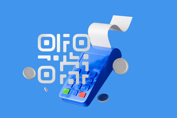 QR code and payment terminal with receipt and coins on blue background, symbolizing digital pay and transfer transactions. 3D Rendering