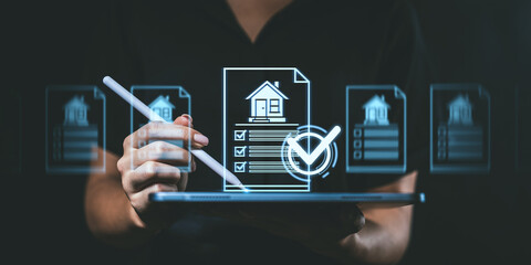 Digital house checklist displayed on tablet with stylus interaction in dark background.