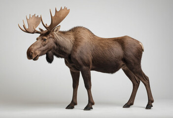 Obraz premium standard Moose right side view. Full figure visible, flat white background, no shadows, head and legs visible, ultra detailed, photorealistic 400mm lens, low angle 