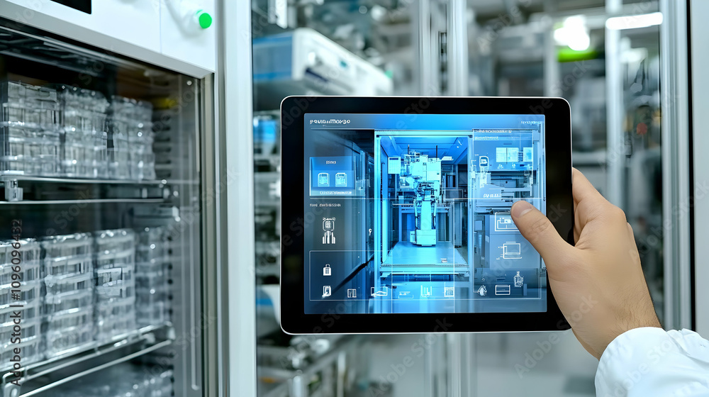 Poster a hand holding a tablet with a digital interface showing an industrial machine with gui controls dis