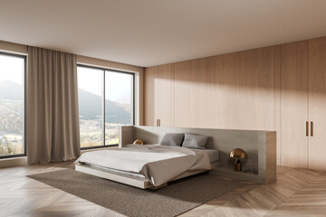 Modern minimalist bedroom interior with large windows and wooden paneling in contemporary apartment. 3D Rendering