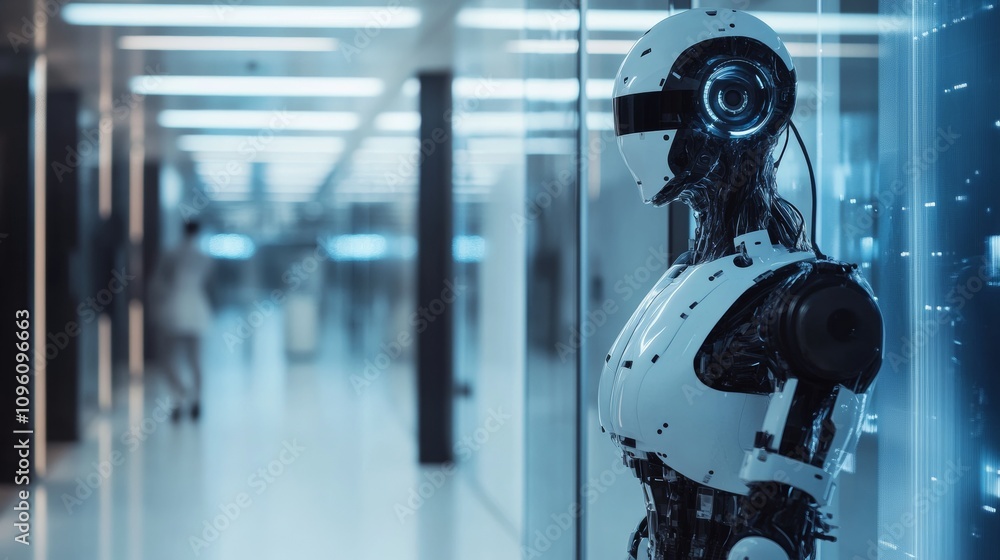 Poster a humanoid robot, featuring sleek design and illuminated components, stands in a contemporary corrid