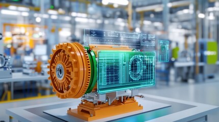 A futuristic digital engine displayed in an industrial setting, showcasing advanced technology and holographic data overlays.