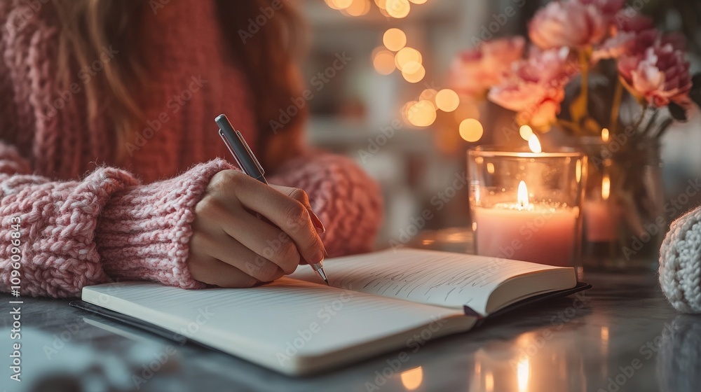 Poster cozy and warm evening vibes with a woman writing in a notebook surrounded by candlelight and flowers