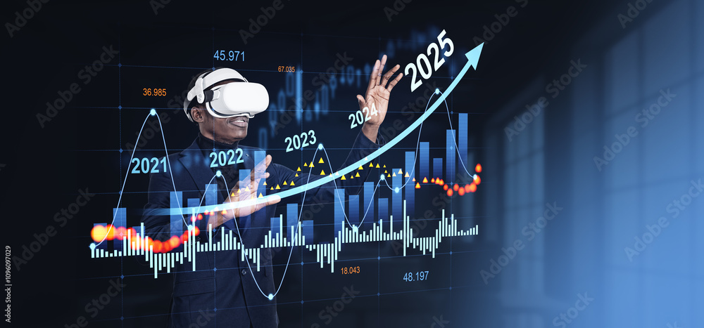 Poster man wearing vr headset analyzing financial data with future fore