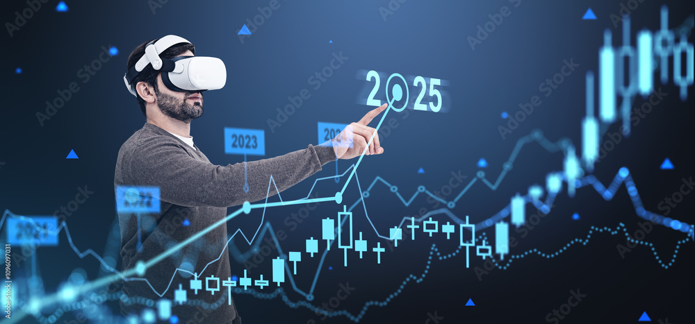 Poster man using vr headset pointing at 2025 with market charts in the
