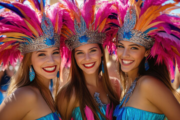 Obraz premium Three beautiful women in elaborate Carnival costumes, adorned with colorful feathers and sparkling headpieces.